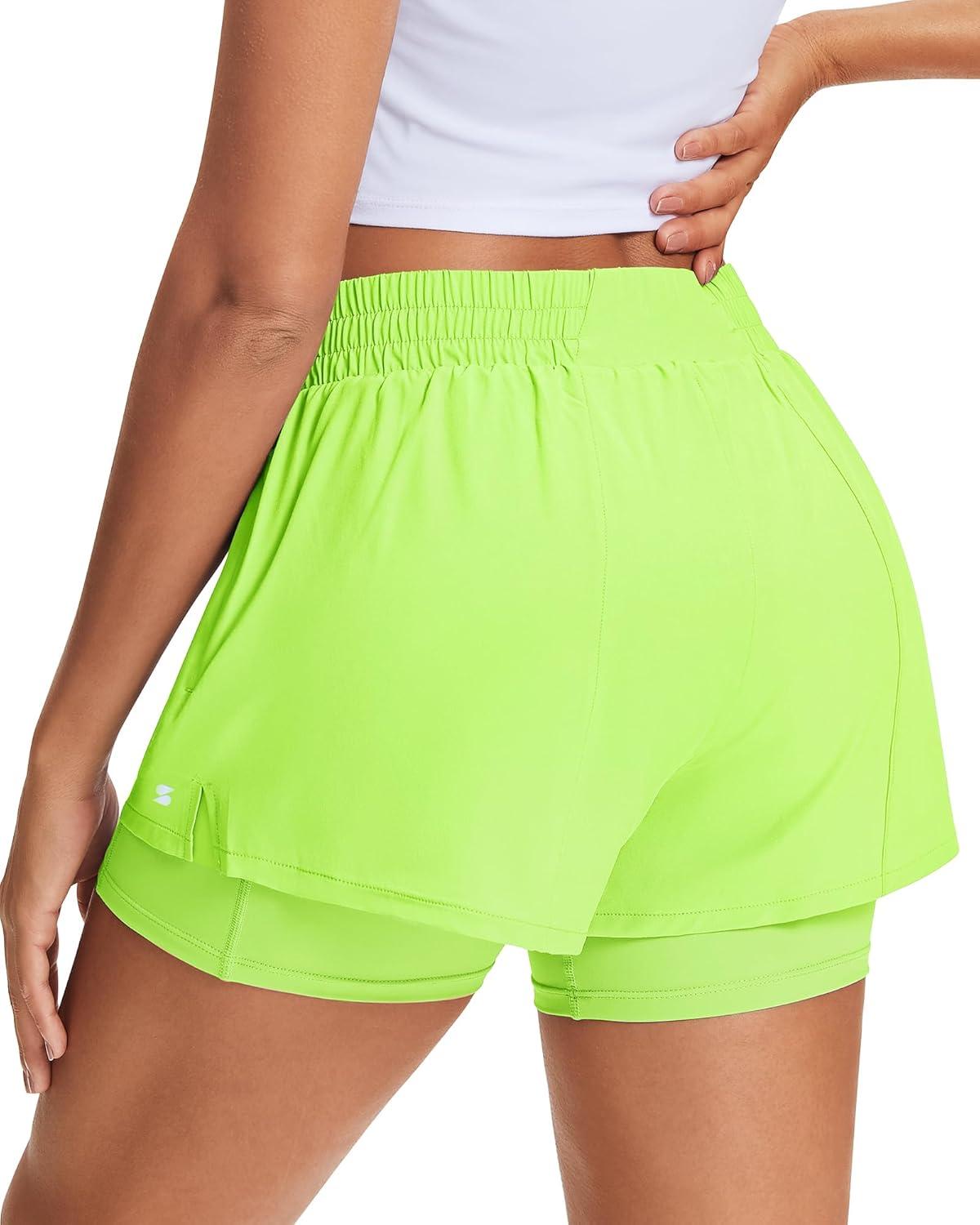 imageStelle Womens 2 in 1 Running Shorts Athletic Workout Gym Shorts High Waisted Shorts with Liner Zipper PocketsNeon Yellow