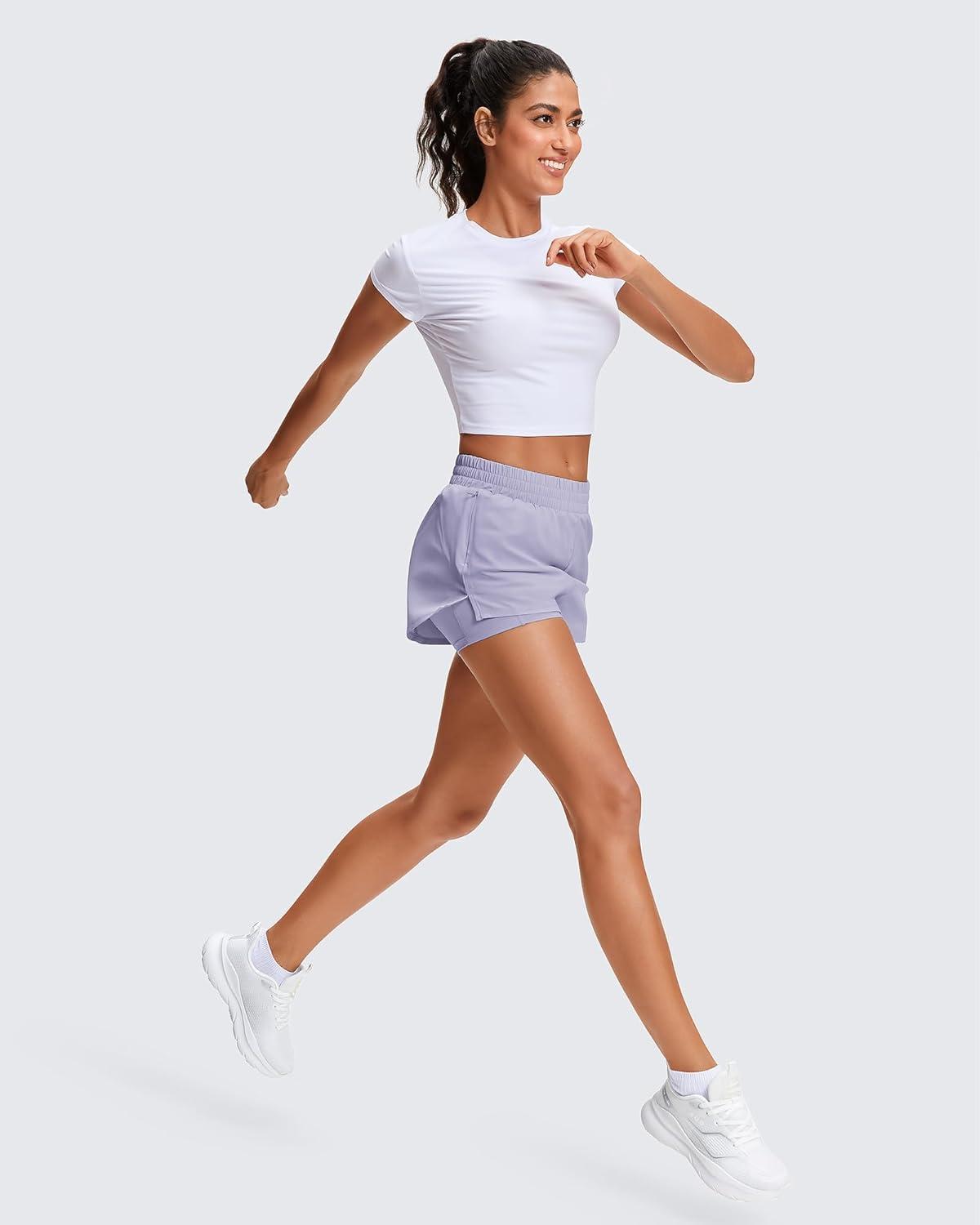 imageStelle Womens 2 in 1 Running Shorts Athletic Workout Gym Shorts High Waisted Shorts with Liner Zipper PocketsPurple Haze