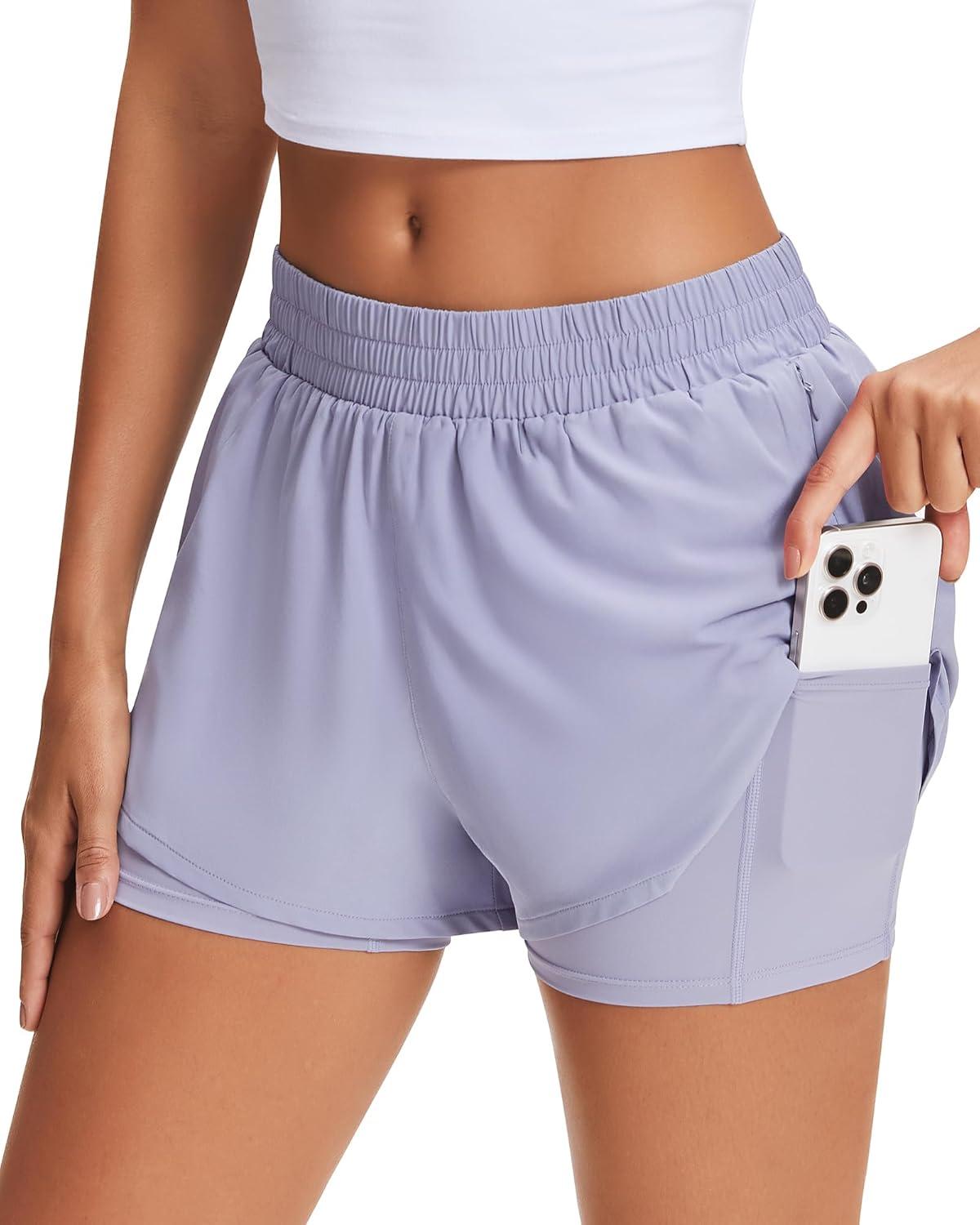 imageStelle Womens 2 in 1 Running Shorts Athletic Workout Gym Shorts High Waisted Shorts with Liner Zipper PocketsPurple Haze