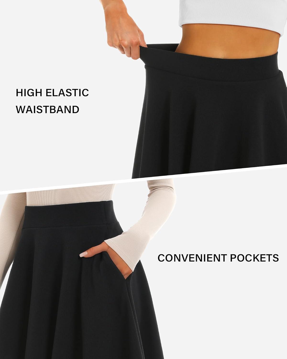 imageStelle Womens 20quot Knee Length Skirts with Pockets Casual Basic Midi Skirt Stretchy High Waisted Skater Flared PleatedBlack