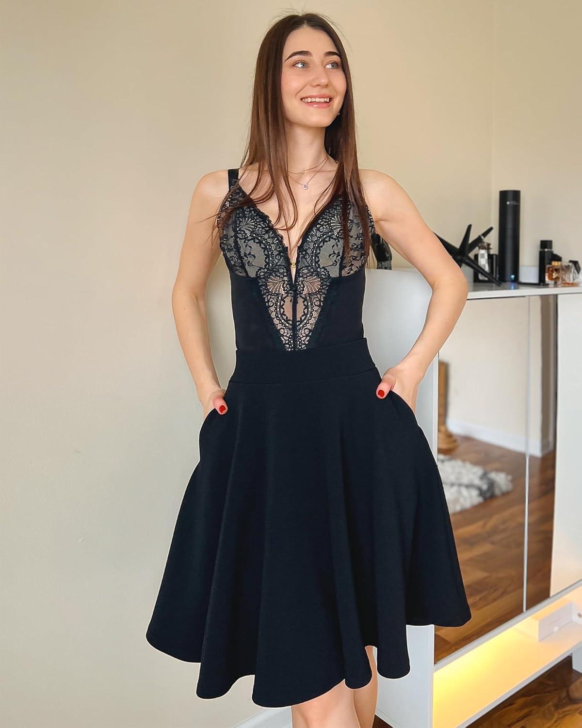 imageStelle Womens 20quot Knee Length Skirts with Pockets Casual Basic Midi Skirt Stretchy High Waisted Skater Flared PleatedBlack