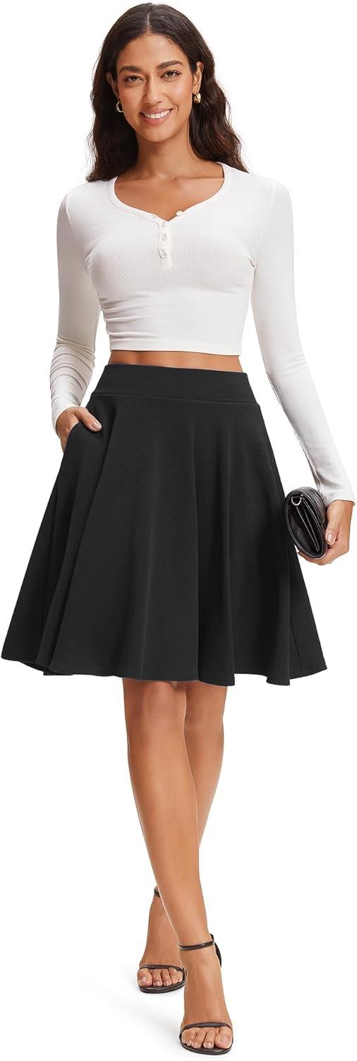 imageStelle Womens 20quot Knee Length Skirts with Pockets Casual Basic Midi Skirt Stretchy High Waisted Skater Flared PleatedBlack