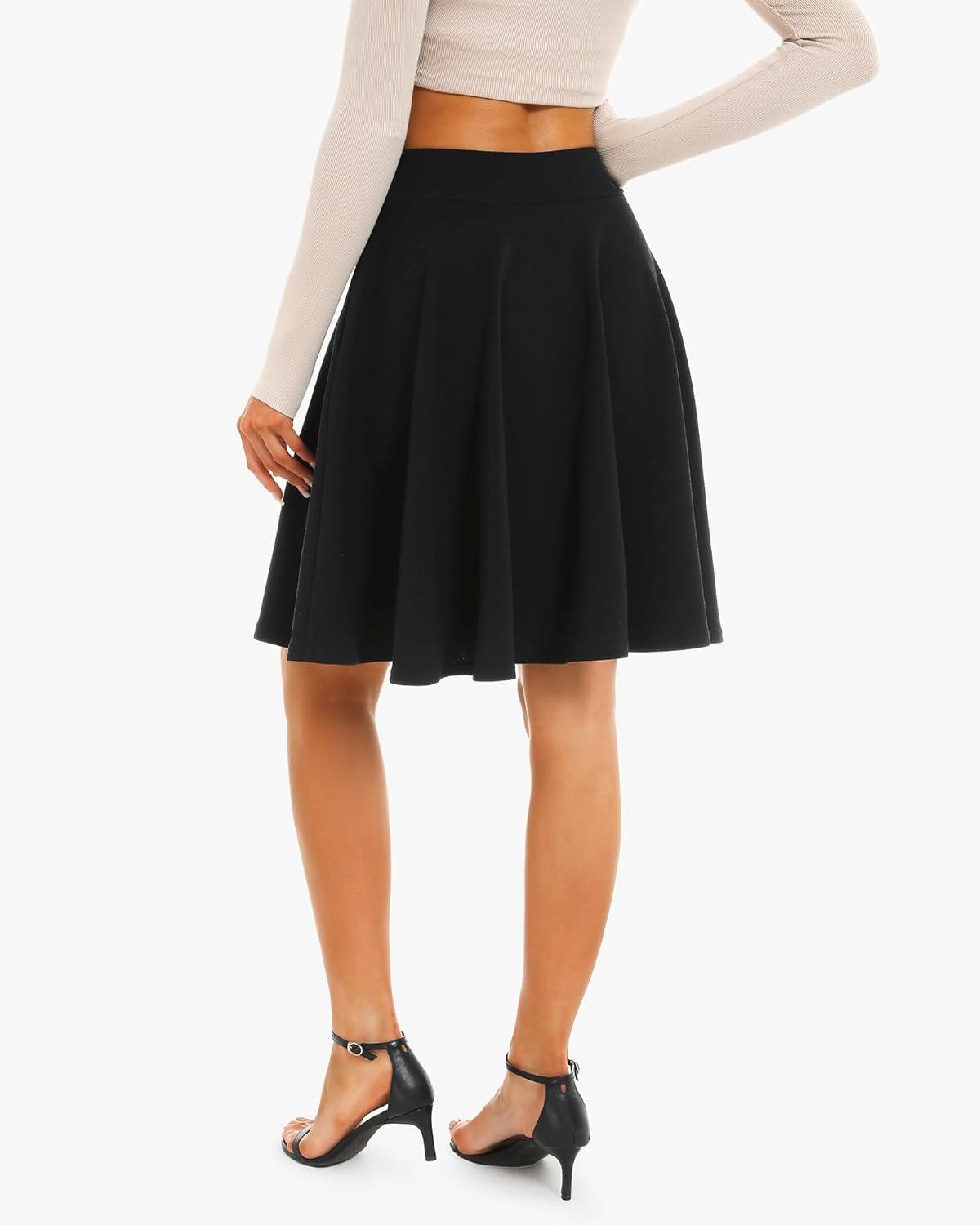 imageStelle Womens 20quot Knee Length Skirts with Pockets Casual Basic Midi Skirt Stretchy High Waisted Skater Flared PleatedBlack