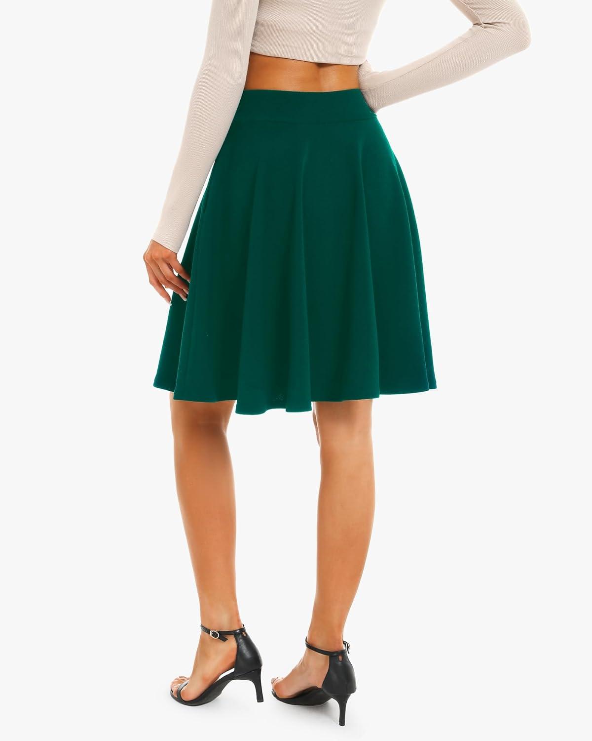 imageStelle Womens 20quot Knee Length Skirts with Pockets Casual Basic Midi Skirt Stretchy High Waisted Skater Flared PleatedGreen