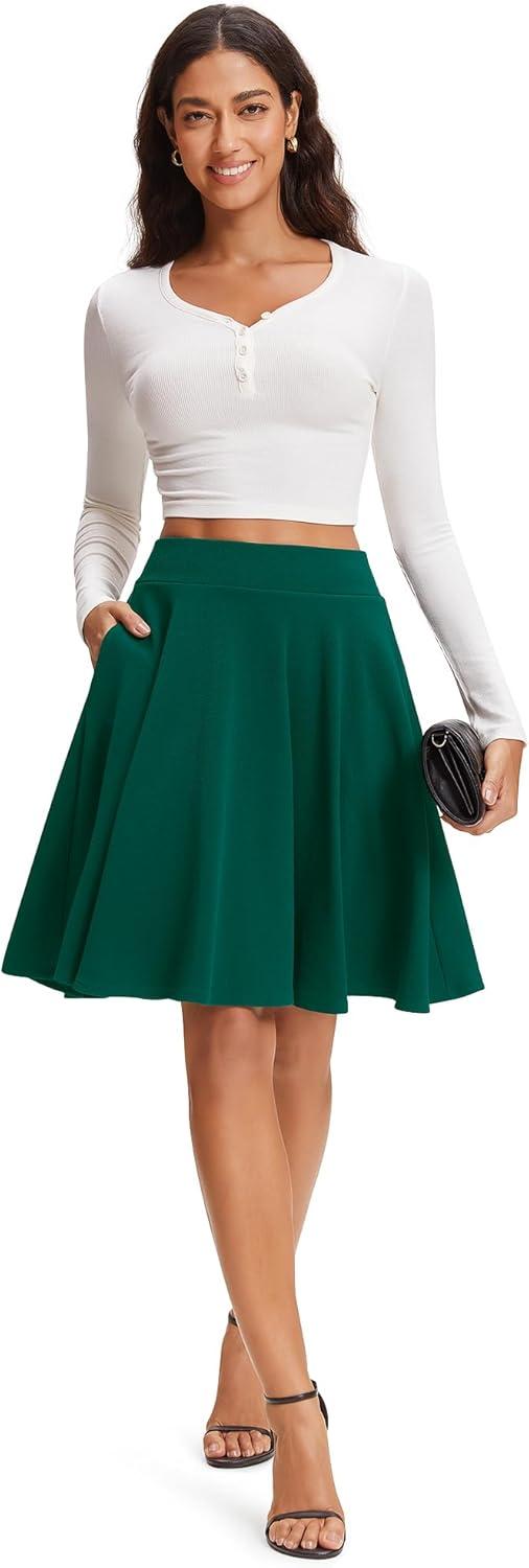 imageStelle Womens 20quot Knee Length Skirts with Pockets Casual Basic Midi Skirt Stretchy High Waisted Skater Flared PleatedGreen