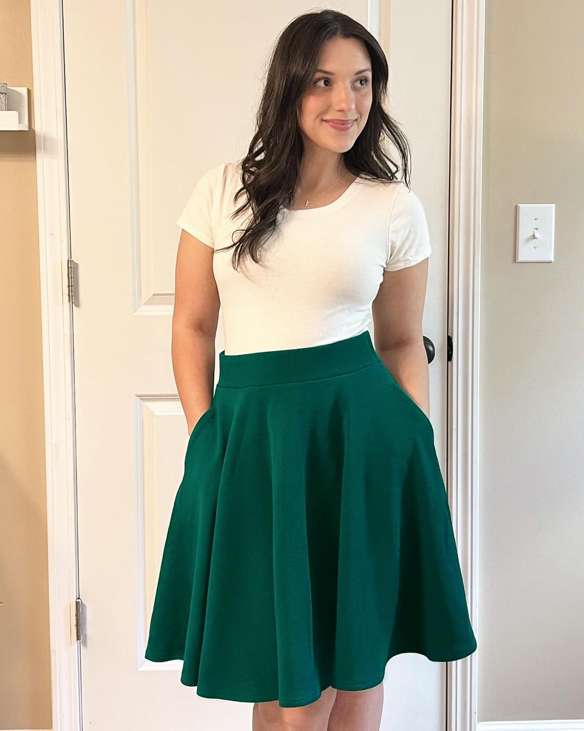 imageStelle Womens 20quot Knee Length Skirts with Pockets Casual Basic Midi Skirt Stretchy High Waisted Skater Flared PleatedGreen