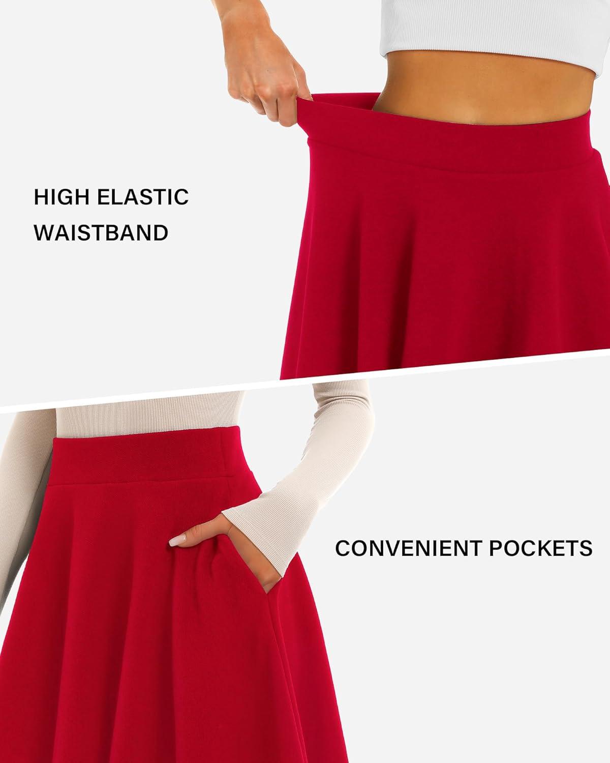 imageStelle Womens 20quot Knee Length Skirts with Pockets Casual Basic Midi Skirt Stretchy High Waisted Skater Flared PleatedRed