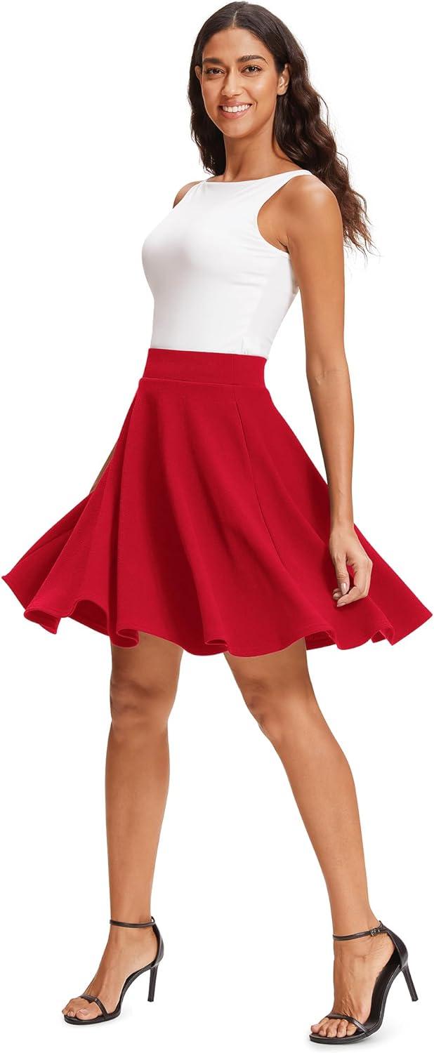 imageStelle Womens 20quot Knee Length Skirts with Pockets Casual Basic Midi Skirt Stretchy High Waisted Skater Flared PleatedRed
