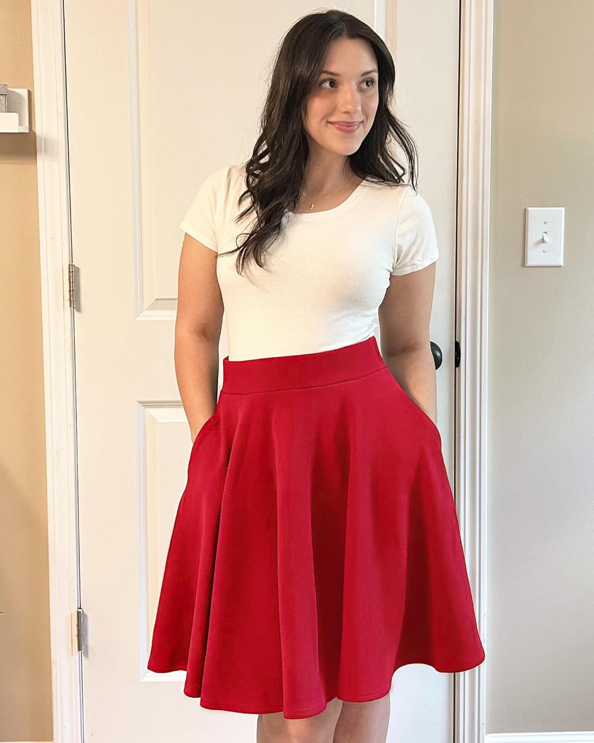 imageStelle Womens 20quot Knee Length Skirts with Pockets Casual Basic Midi Skirt Stretchy High Waisted Skater Flared PleatedRed
