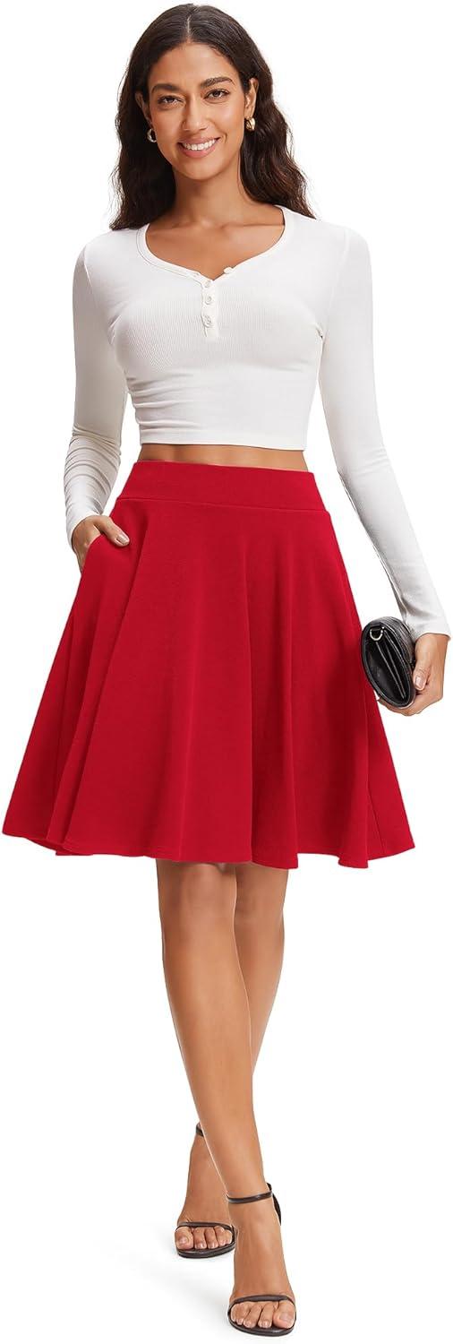imageStelle Womens 20quot Knee Length Skirts with Pockets Casual Basic Midi Skirt Stretchy High Waisted Skater Flared PleatedRed