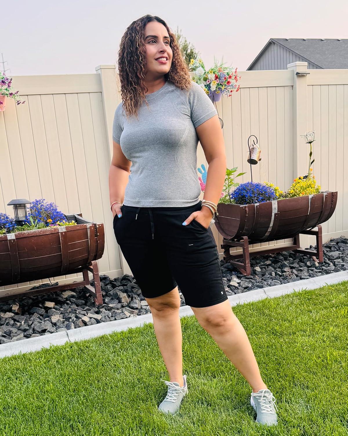 imageStelle Womens 7quot10quot Cotton Bermuda Shorts Knee Length Comfy Lounge Athletic Sweat Shorts with Deep Pockets10 Black