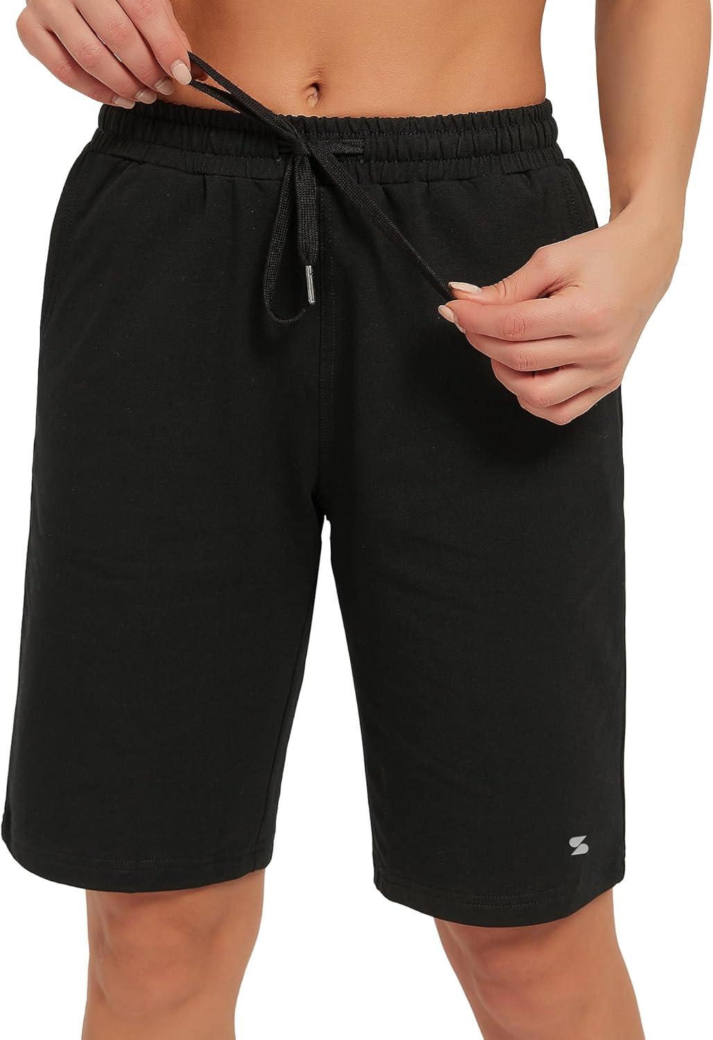 imageStelle Womens 7quot10quot Cotton Bermuda Shorts Knee Length Comfy Lounge Athletic Sweat Shorts with Deep Pockets10 Black