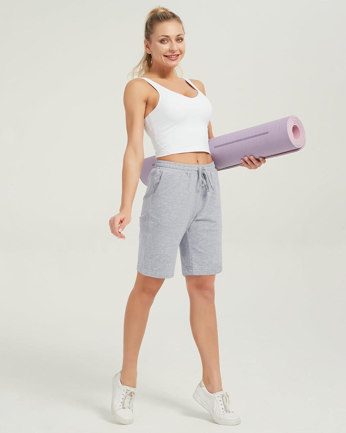 imageStelle Womens 7quot10quot Cotton Bermuda Shorts Knee Length Comfy Lounge Athletic Sweat Shorts with Deep Pockets10 Lightgrey