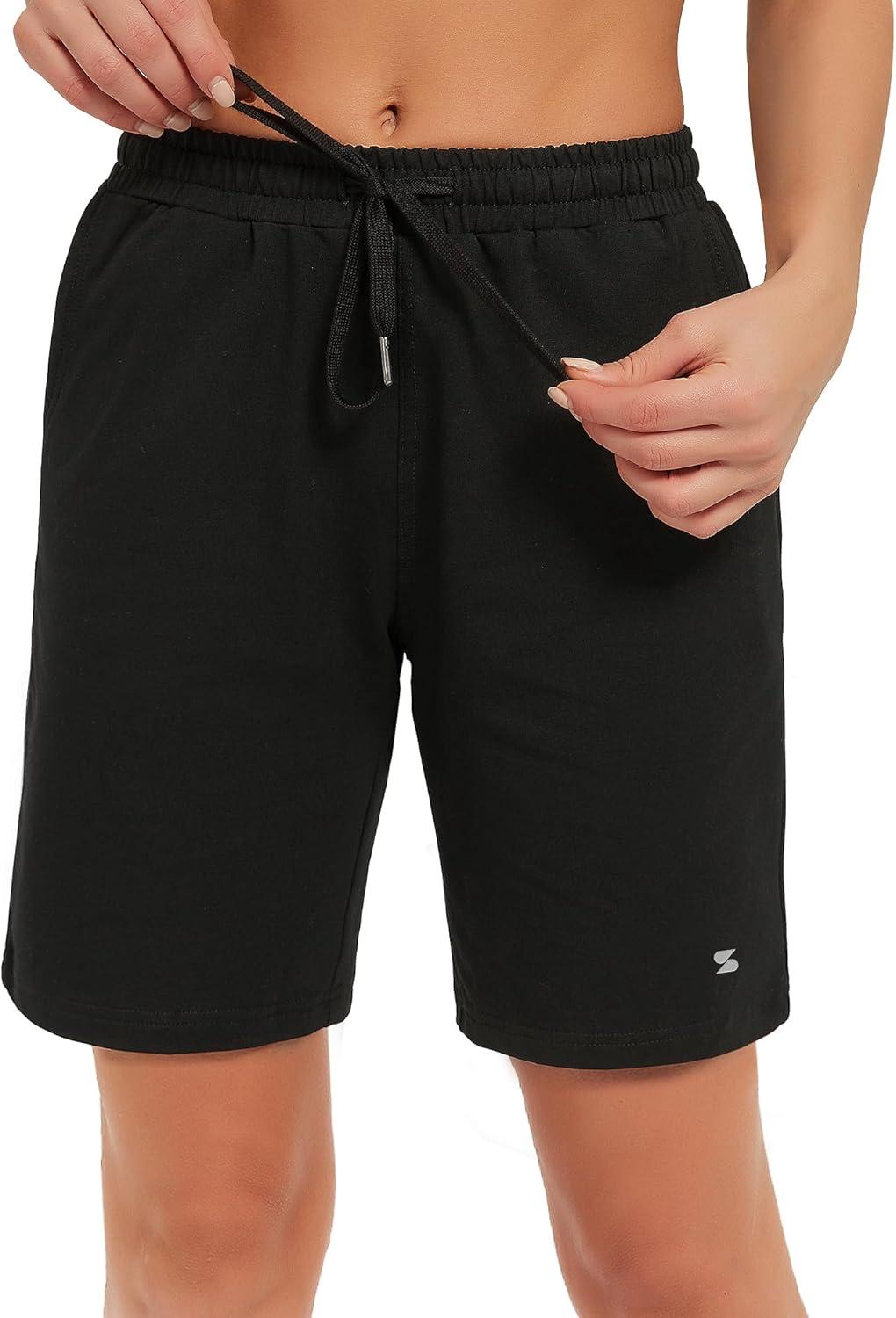 imageStelle Womens 7quot10quot Cotton Bermuda Shorts Knee Length Comfy Lounge Athletic Sweat Shorts with Deep Pockets7 Black
