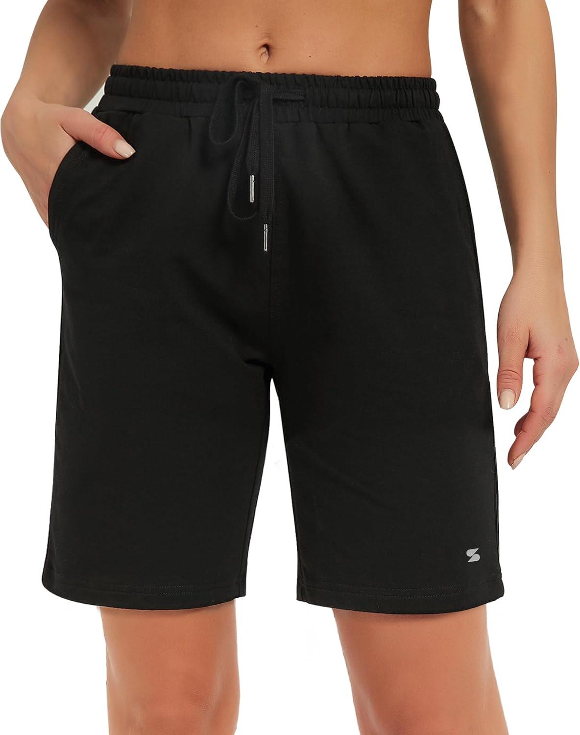 imageStelle Womens 7quot10quot Cotton Bermuda Shorts Knee Length Comfy Lounge Athletic Sweat Shorts with Deep Pockets7 Black