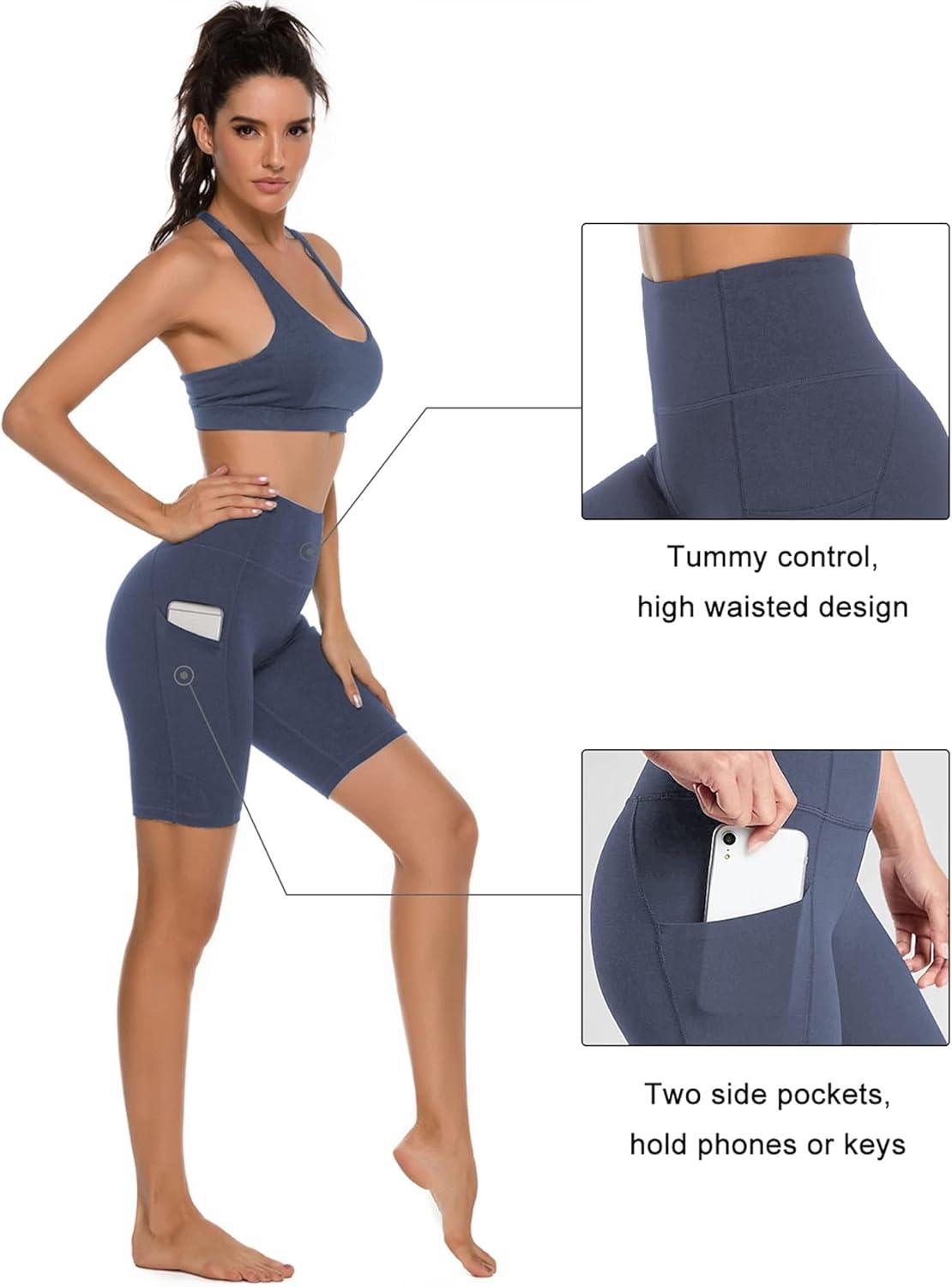 imageStelle Womens 8quot 5quot High Waist Biker Shorts Yoga Shorts with Pockets Tummy Control Workout Shorts for Running Gym8 Blackcharcoalgrey Blue
