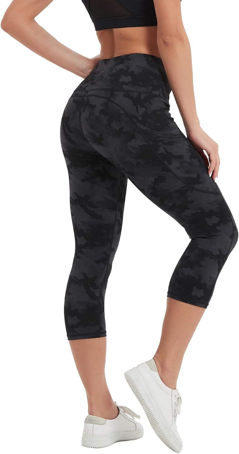 imageStelle Womens Capri Yoga Pants with Pockets Essential High Waisted Legging for WorkoutNylonblackgrey Camo