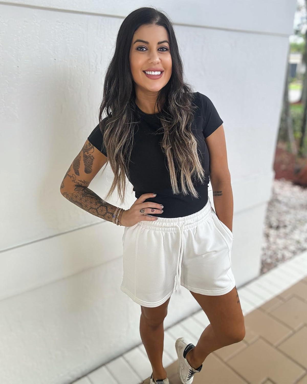 imageStelle Womens Drawstring Sweat Shorts Comfy Elastic Shorts Workout Lounge Shorts with PocketsIvory