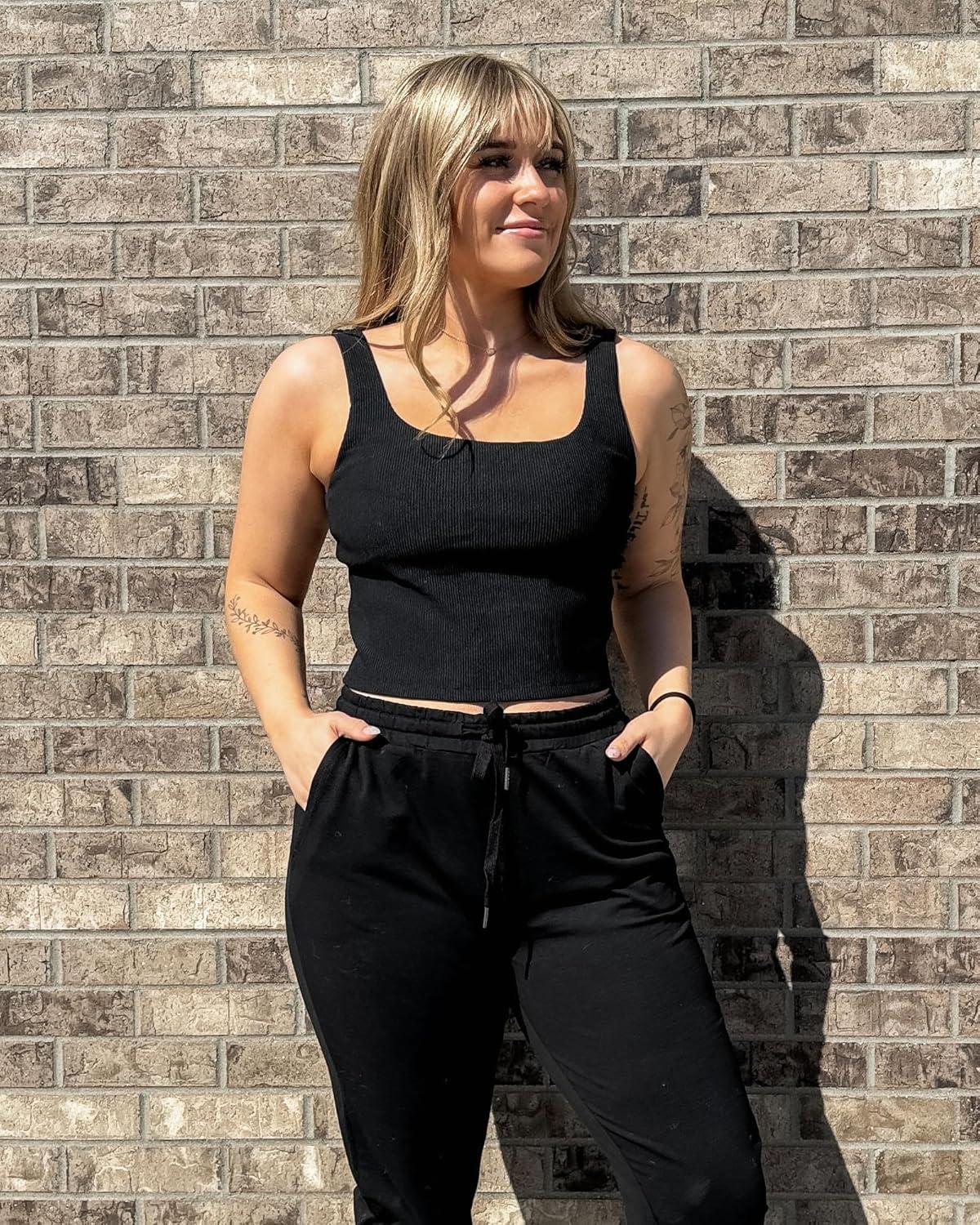 imageStelle Womens Ribbed Tank Tops Seamless Padded Workout Crop Top Sleeveless Square Neck Cami Basic ShirtsBlack