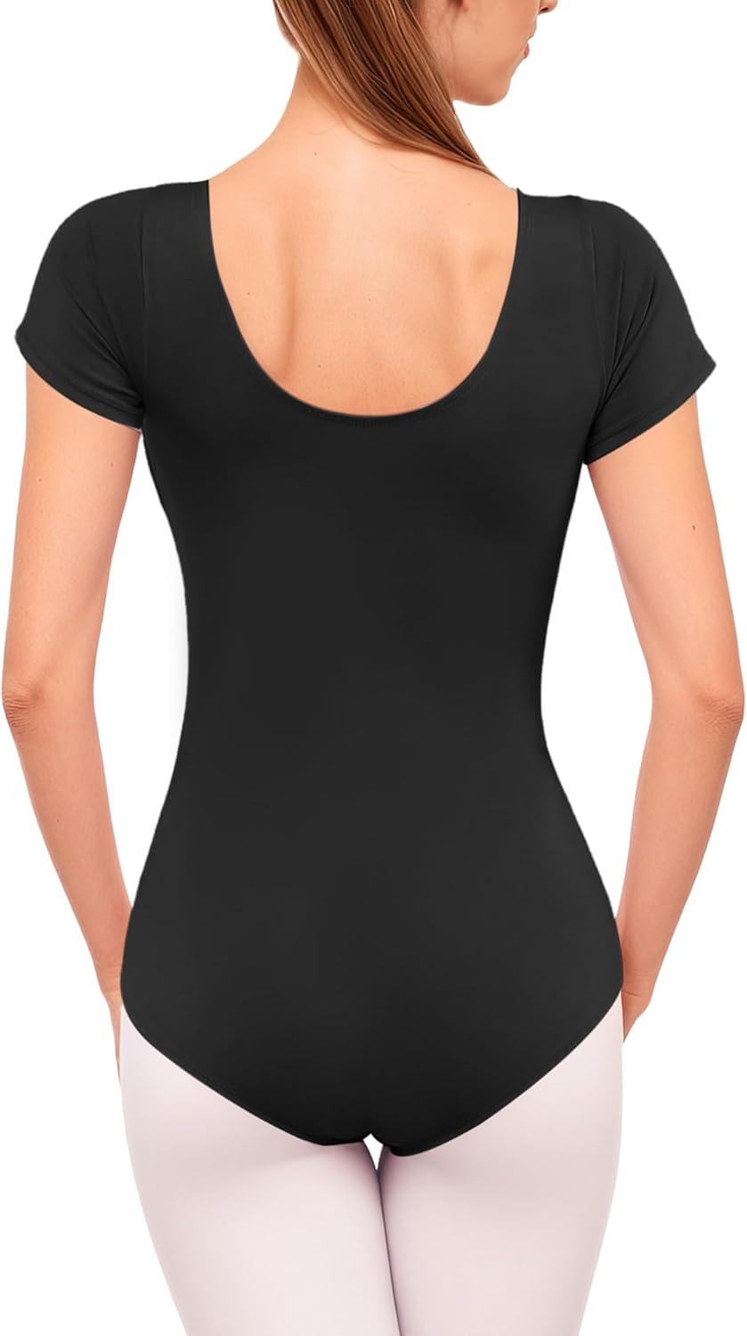 imageStelle Womens Short Sleeve Leotard for Ballet Dance Costumes Scoop Neck Sleeveless Double Lined BodysuitBlack
