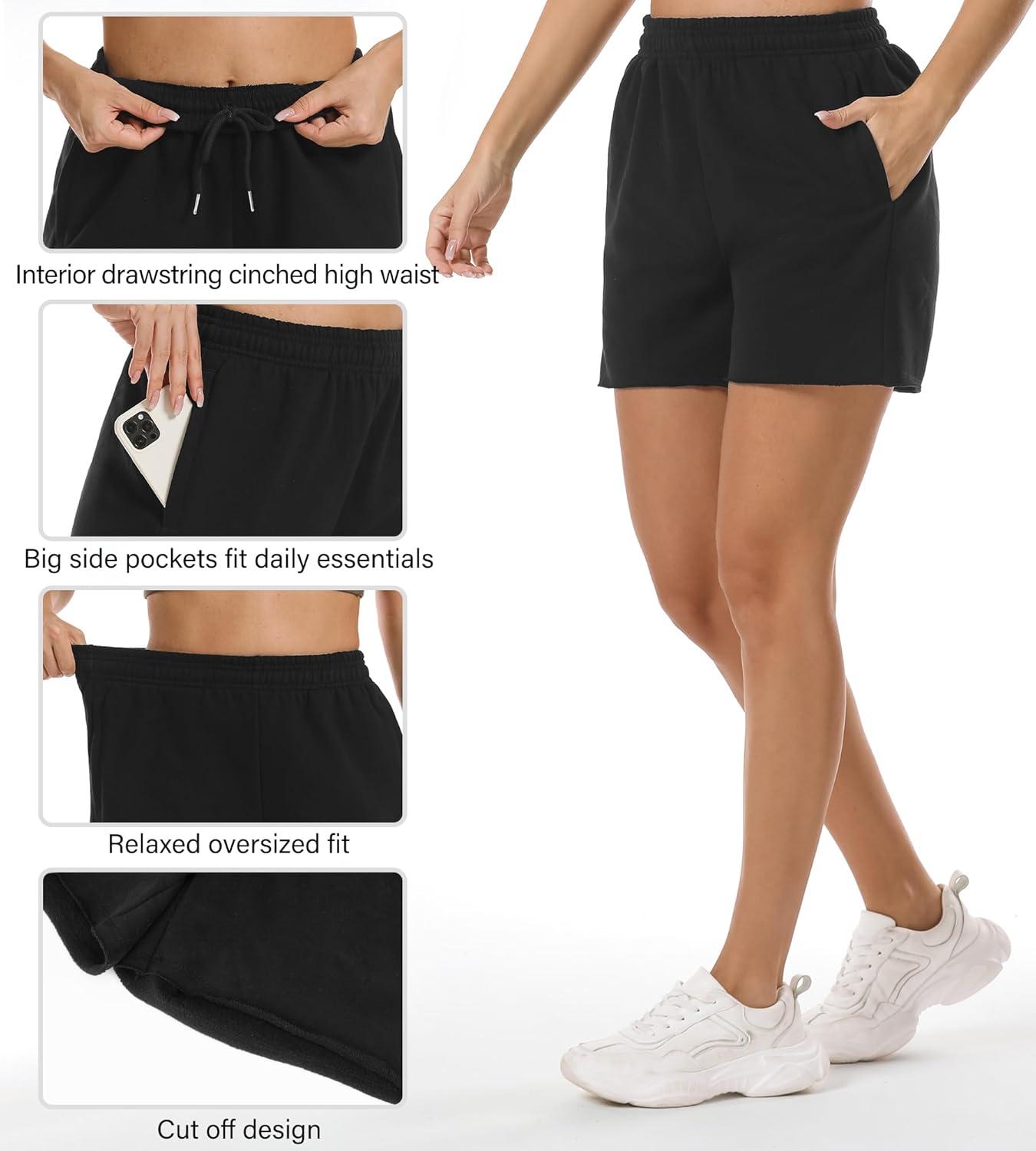 imageStelle Womens Sweat Shorts Casual Drawstring Shorts Comfy Cotton High Waisted Workout Lounge Shorts with PocketsBlack Sweat Shorts
