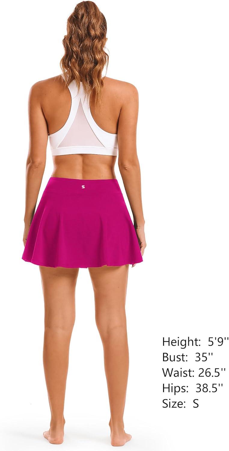 imageStelle Womens Tennis Golf Skirts High Waisted with Pockets Inner Shorts for Athletic Skorts Sports Running PickleballFuchsia