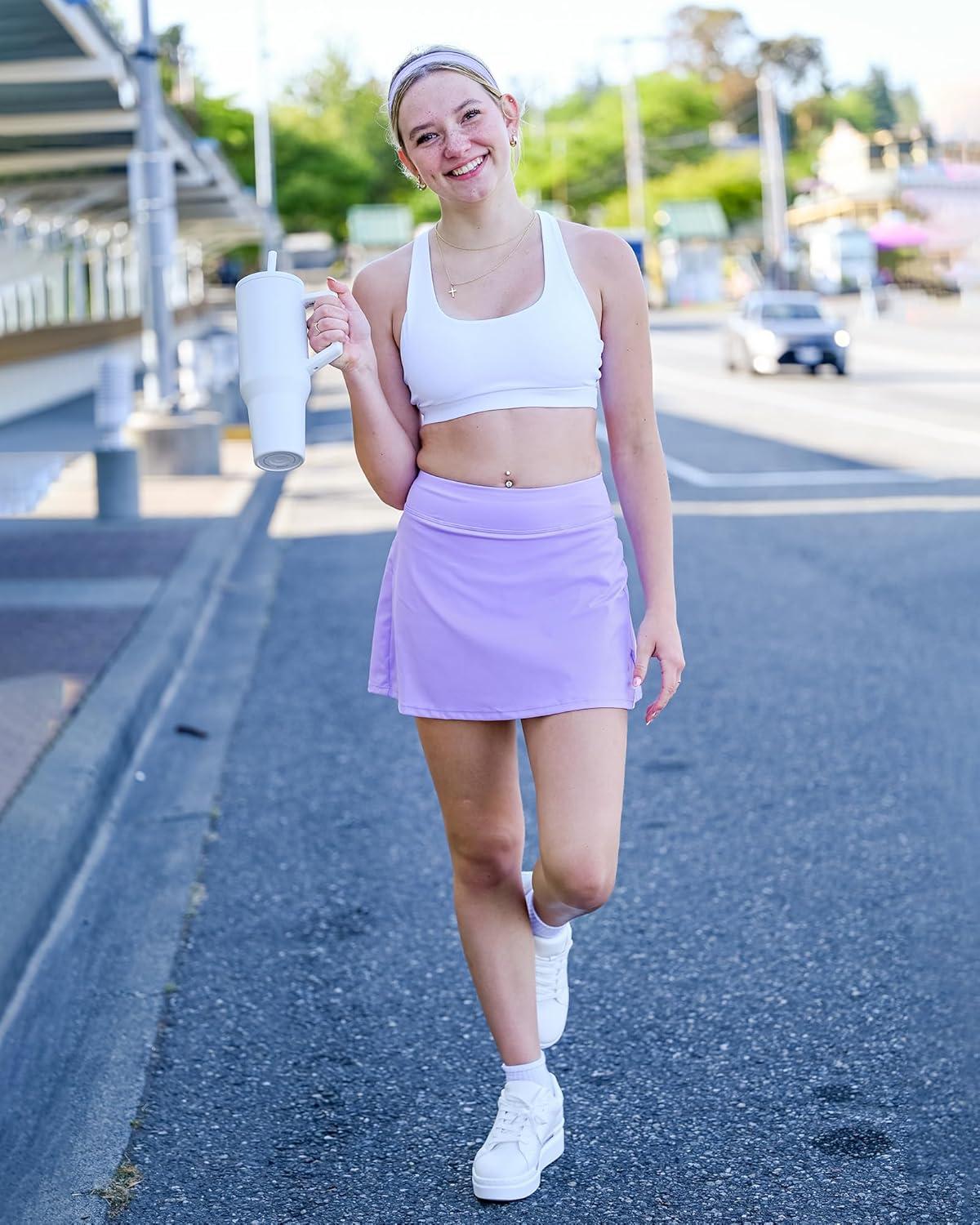 imageStelle Womens Tennis Golf Skirts High Waisted with Pockets Inner Shorts for Athletic Skorts Sports Running PickleballLilac