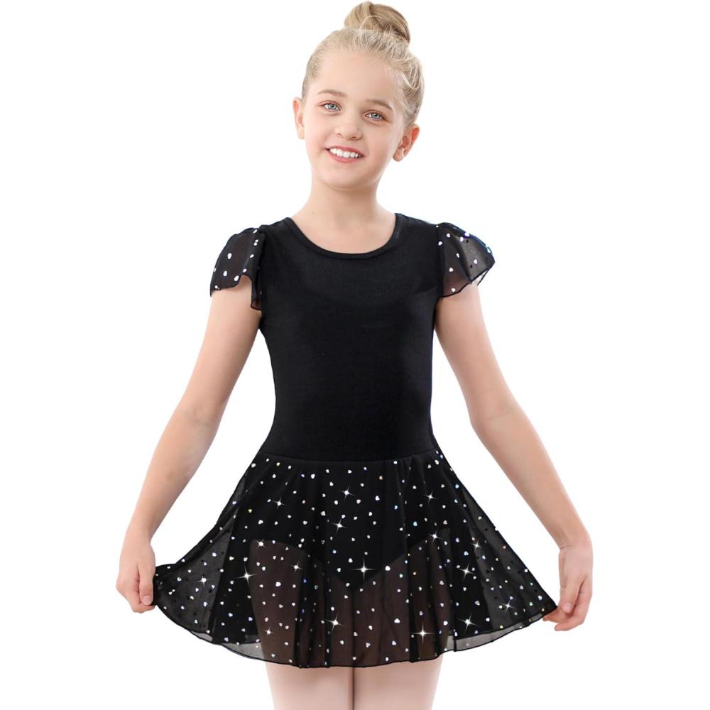 imageStelle Ballet Leotards for Girls Dance Leotard with Skirt Toddler Pink Ballet Outfit Ruffle Sleeve Kids Dance Dress1blackshiny Skirt