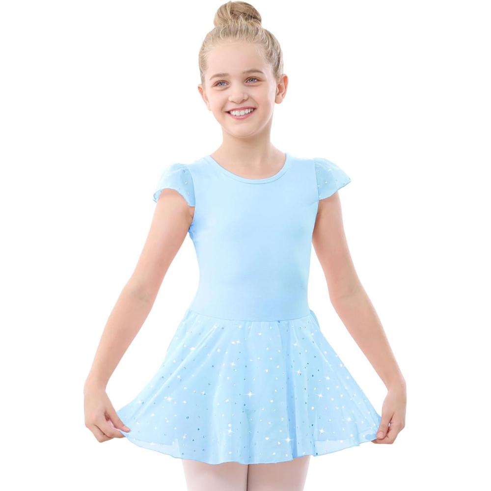 imageStelle Ballet Leotards for Girls Dance Leotard with Skirt Toddler Pink Ballet Outfit Ruffle Sleeve Kids Dance Dress1blueshiny Skirt