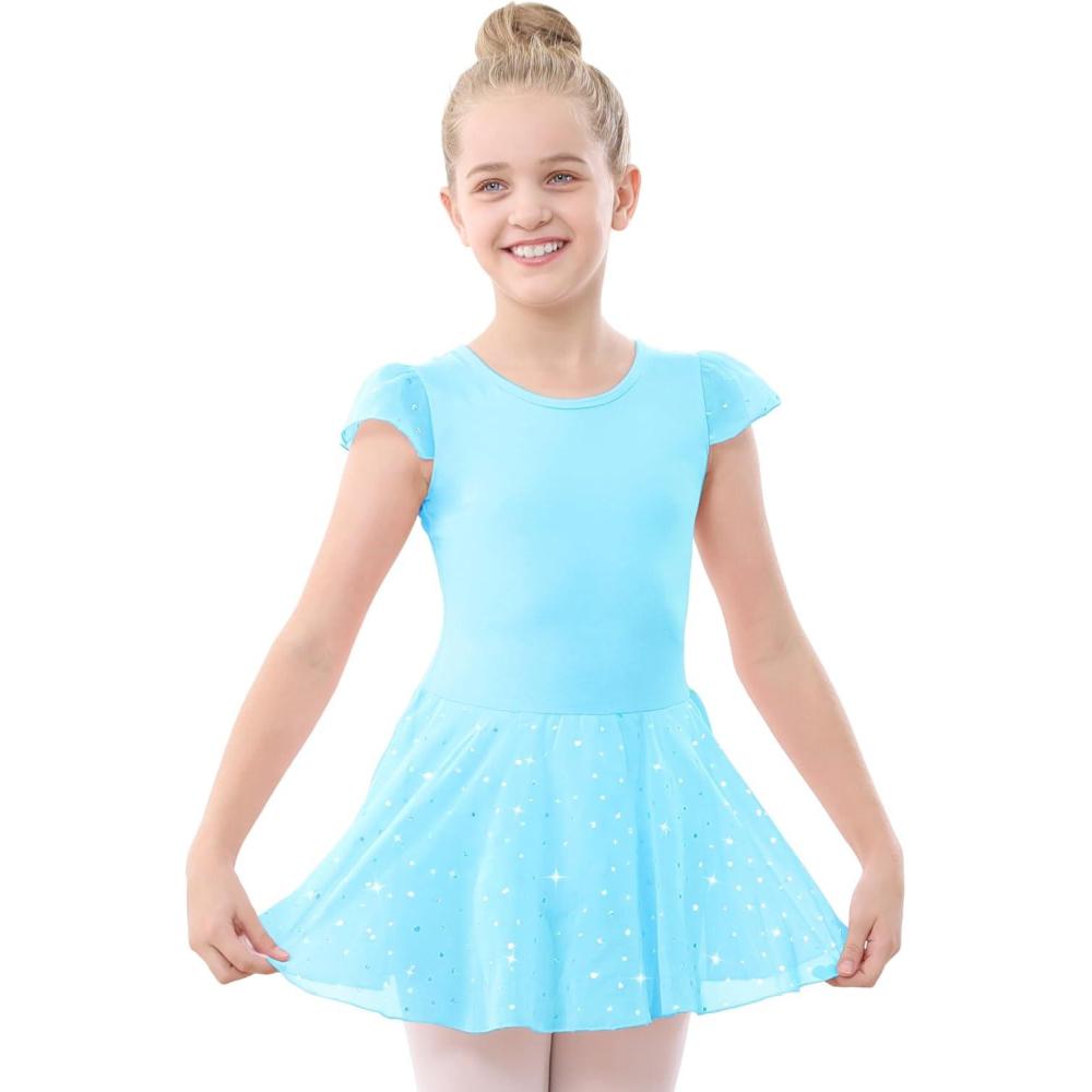 imageStelle Ballet Leotards for Girls Dance Leotard with Skirt Toddler Pink Ballet Outfit Ruffle Sleeve Kids Dance Dress1pool Blueshiny Skirt