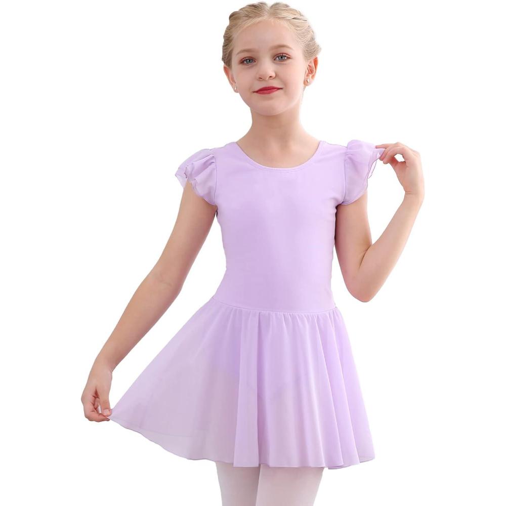 imageStelle Ballet Leotards for Girls Dance Leotard with Skirt Toddler Pink Ballet Outfit Ruffle Sleeve Kids Dance Dress2light Purple