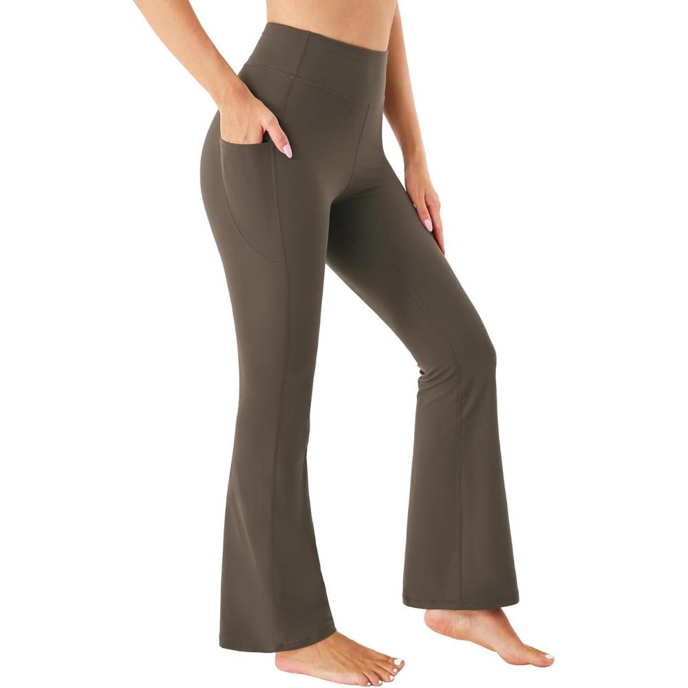 imageStelle Bootcut Yoga Pants with Pockets for Women 30quot Wide Leg Pants High Waist Tummy Control Workout Yoga PantsTea Brown