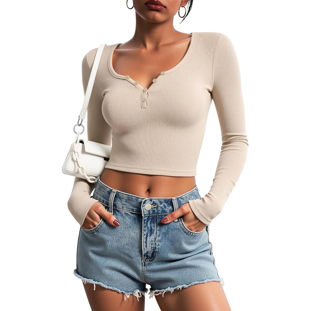 imageStelle Cropped Henley Shirts for Women Long Sleeve VNeck Shirt Ribbed Tops Knit Button Slim Fitted BlouseDesert Beige