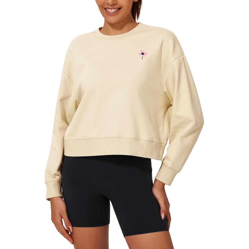 imageStelle Cropped Sweatshirt for Women Crewneck Pullover Tops Oversized Long Sleeve Lightweight Casual Cotton Sweat ShirtsLimestone