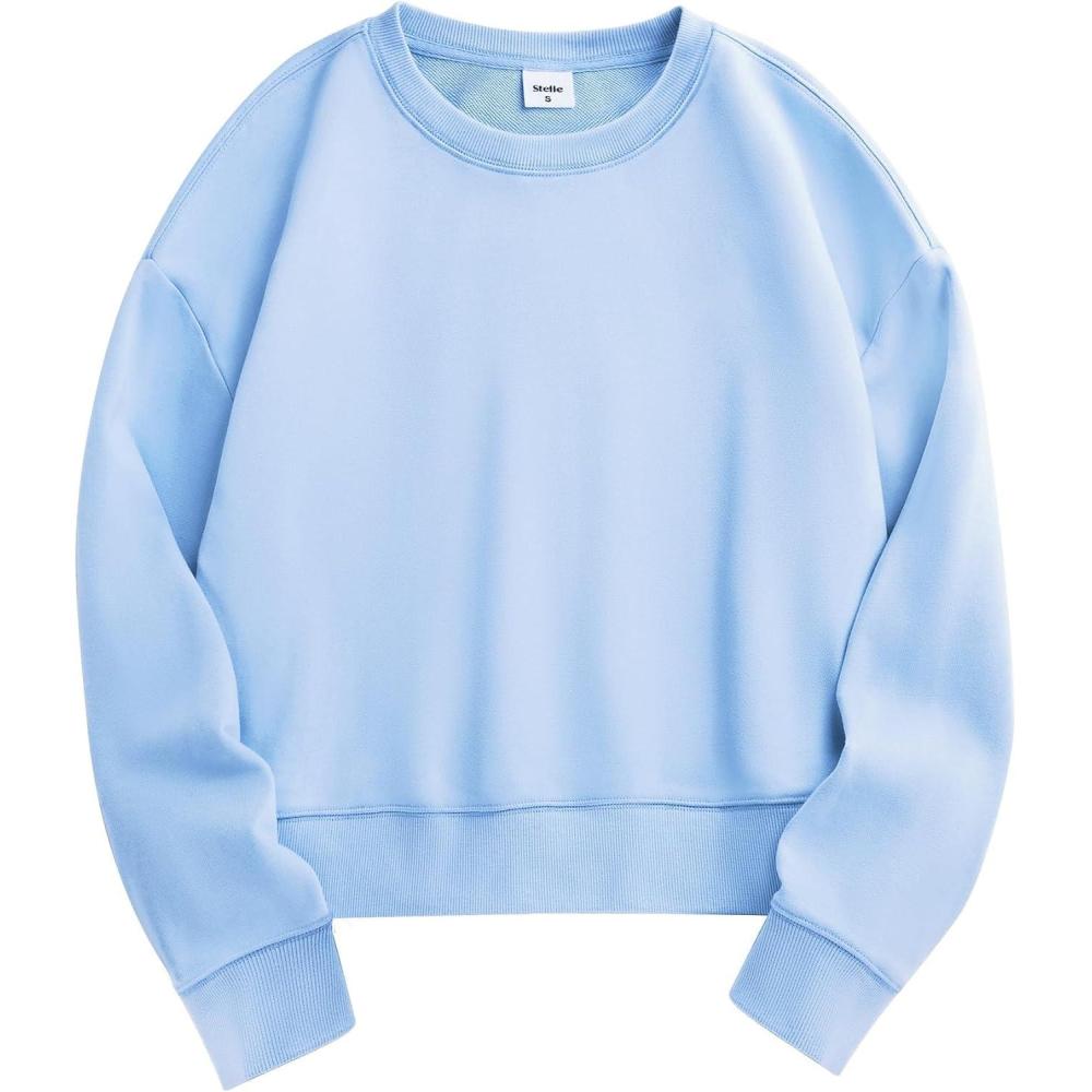imageStelle Cropped Sweatshirts for Women Cotton Long Sleeve Crop Tops Crewneck Pullover Oversized SweaterBaby Blue