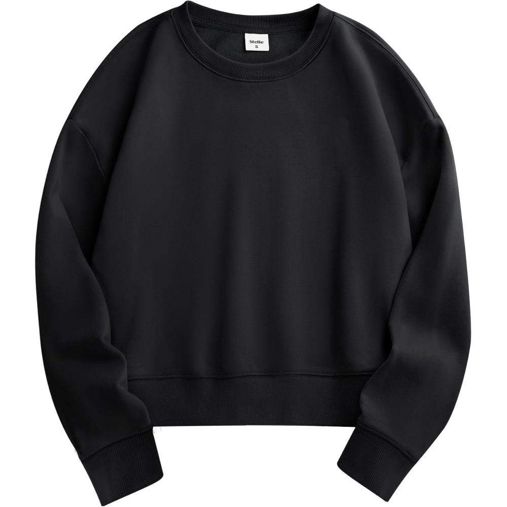 imageStelle Cropped Sweatshirts for Women Cotton Long Sleeve Crop Tops Crewneck Pullover Oversized SweaterBlack