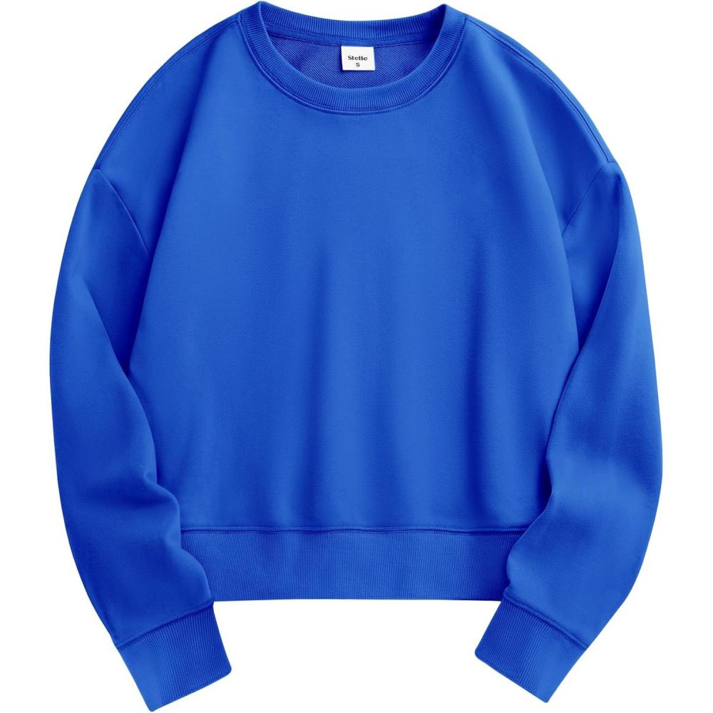 imageStelle Cropped Sweatshirts for Women Cotton Long Sleeve Crop Tops Crewneck Pullover Oversized SweaterElectric Blue