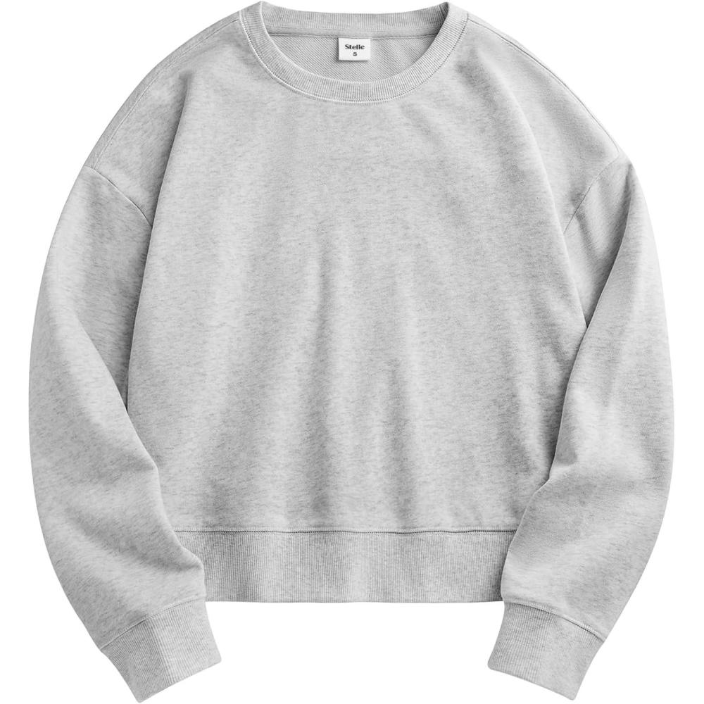 imageStelle Cropped Sweatshirts for Women Cotton Long Sleeve Crop Tops Crewneck Pullover Oversized SweaterNeutral Grey
