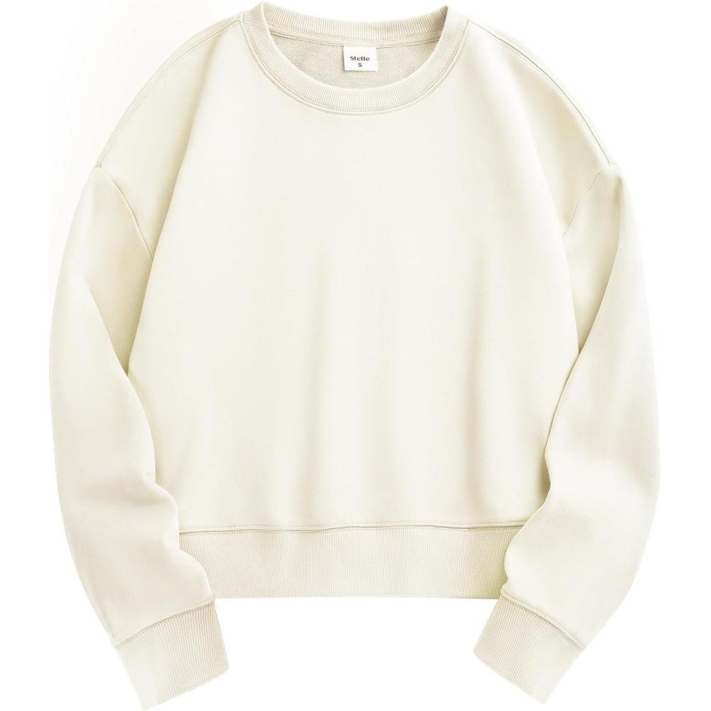 imageStelle Cropped Sweatshirts for Women Cotton Long Sleeve Crop Tops Crewneck Pullover Oversized SweaterOffwhite