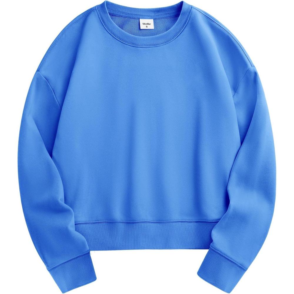 imageStelle Cropped Sweatshirts for Women Cotton Long Sleeve Crop Tops Crewneck Pullover Oversized SweaterVibrant Blue
