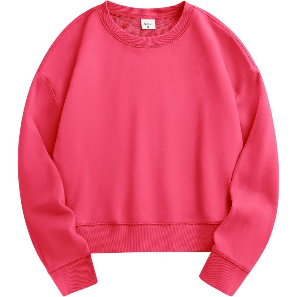 imageStelle Cropped Sweatshirts for Women Cotton Long Sleeve Crop Tops Crewneck Pullover Oversized SweaterWatermelon Sugar