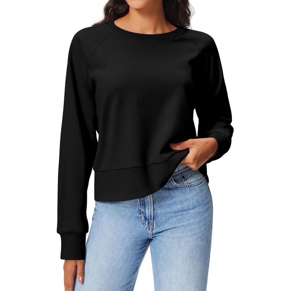 imageStelle Cropped Sweatshirts for Women Cotton Raglan Sleeve Crop Tops Crewneck Pullover Sweat ShirtsBlack
