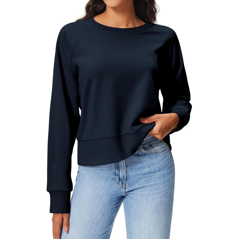 imageStelle Cropped Sweatshirts for Women Cotton Raglan Sleeve Crop Tops Crewneck Pullover Sweat ShirtsNavy