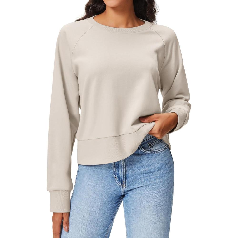imageStelle Cropped Sweatshirts for Women Cotton Raglan Sleeve Crop Tops Crewneck Pullover Sweat ShirtsOat Milk