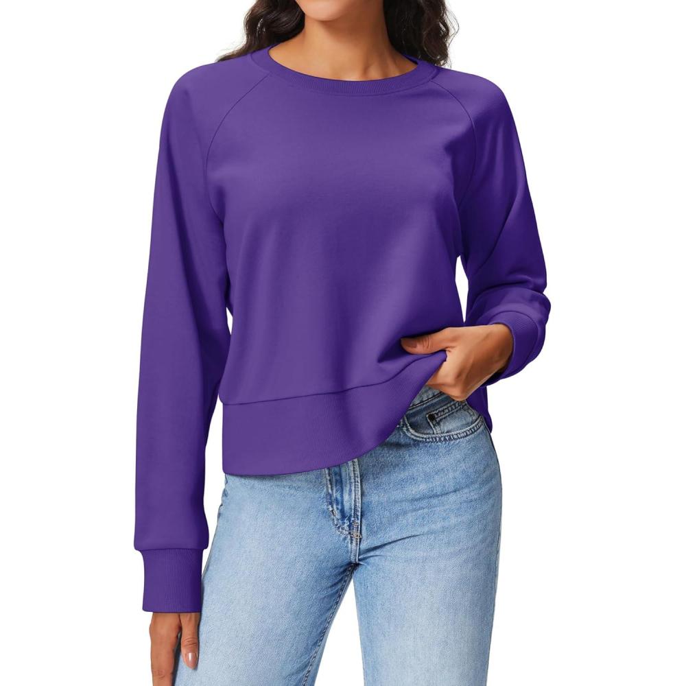imageStelle Cropped Sweatshirts for Women Cotton Raglan Sleeve Crop Tops Crewneck Pullover Sweat ShirtsPurple
