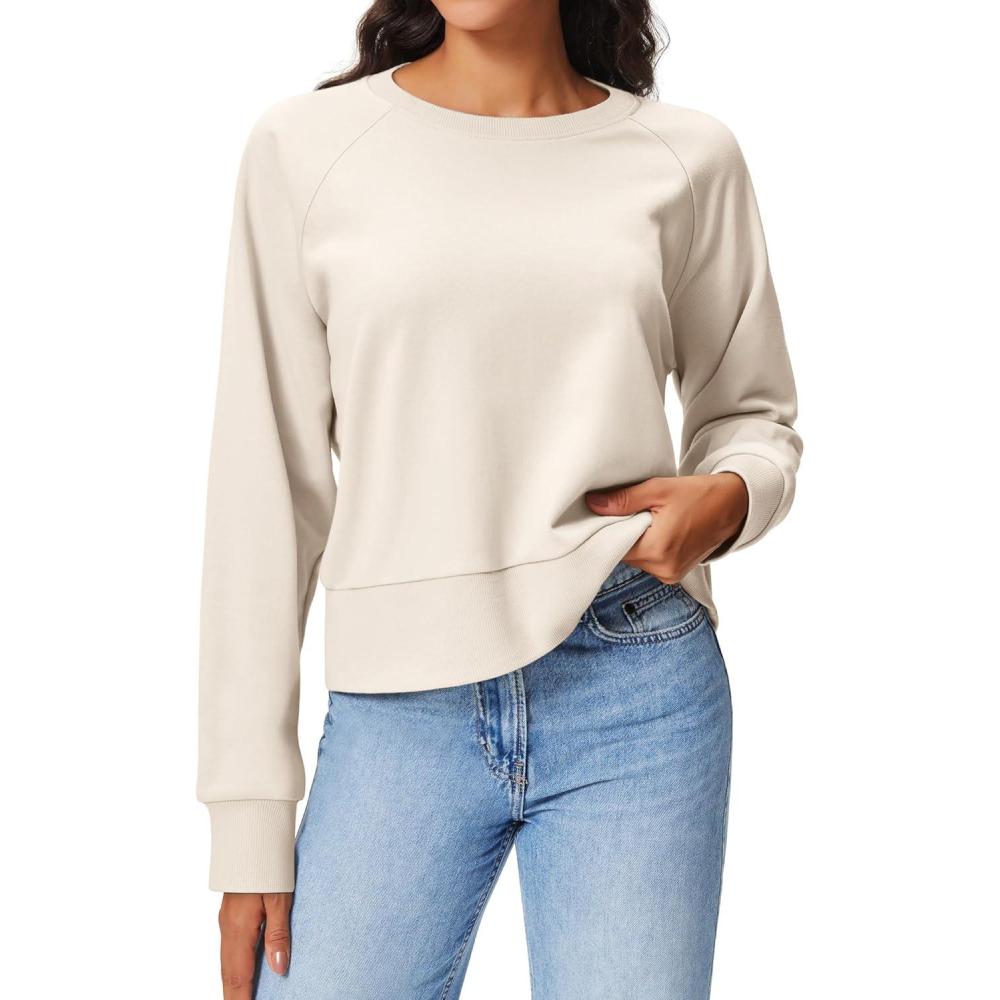 imageStelle Cropped Sweatshirts for Women Cotton Raglan Sleeve Crop Tops Crewneck Pullover Sweat ShirtsWhite Beige