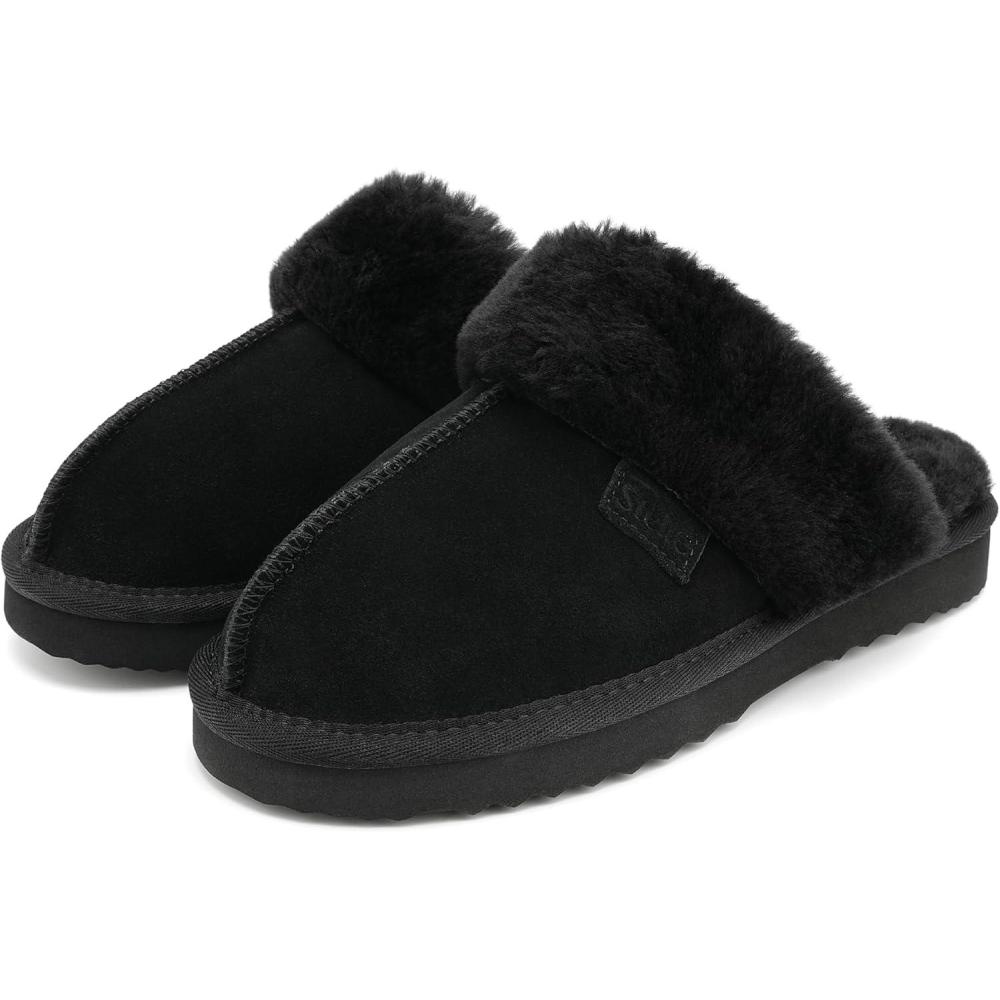 imageStelle Genuine Suede Slippers for Women WaterResistant Indoor Outdoor Comfortable Memory Foam Lightweight Flexible SoleBlack