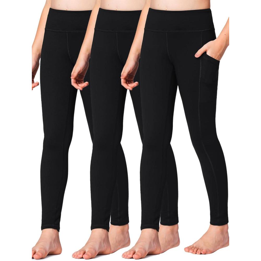 imageStelle Girls Athletic Leggings Kids Dance Running Yoga Pants Workout Active Dance Tights with Pockets3packblack 2 Side Pocket