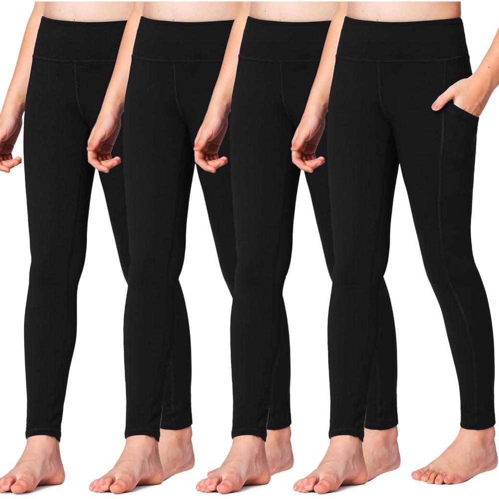 imageStelle Girls Athletic Leggings Kids Dance Running Yoga Pants Workout Active Dance Tights with Pockets4packblack 2 Side Pocket