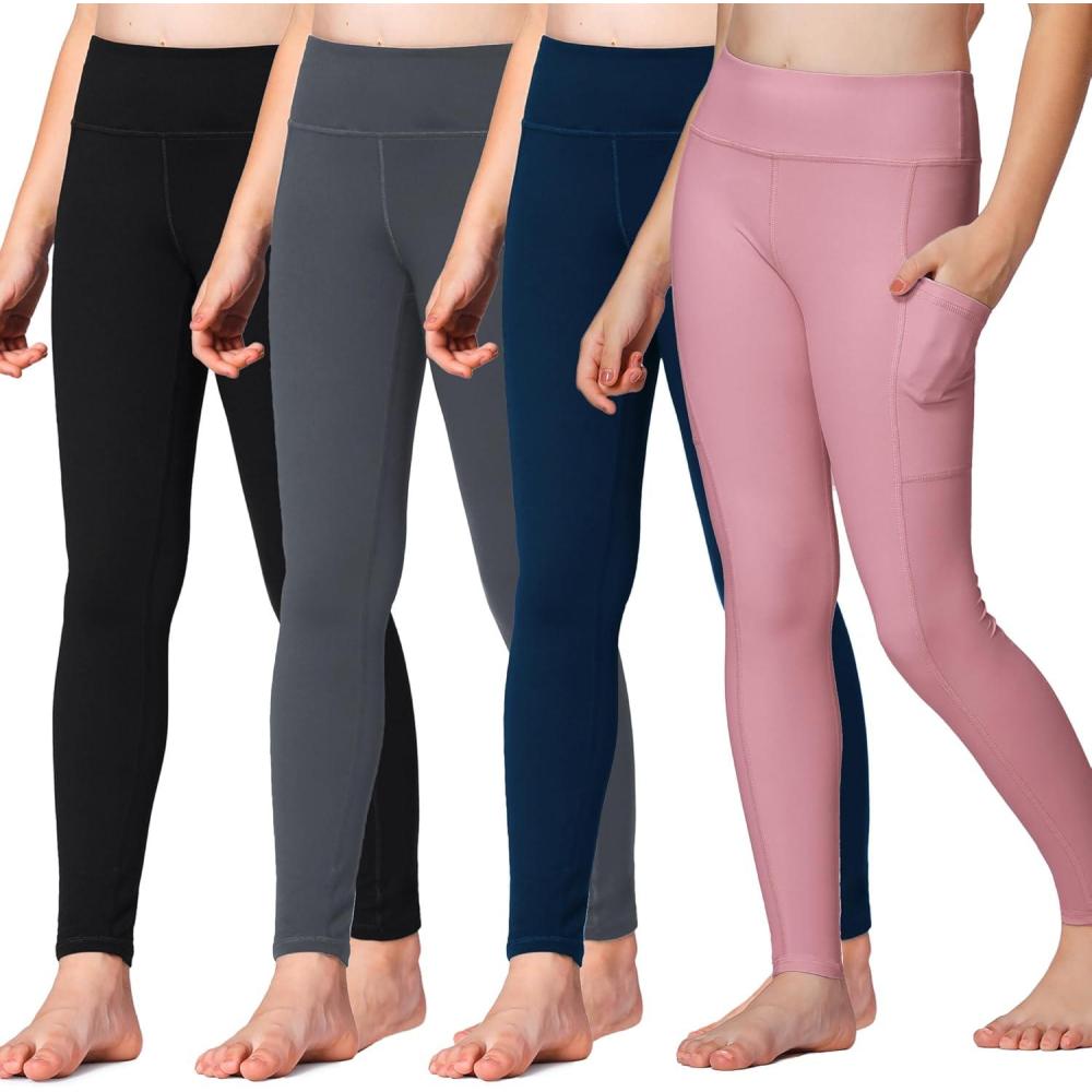 imageStelle Girls Athletic Leggings Kids Dance Running Yoga Pants Workout Active Dance Tights with PocketsBlackcharcoalnavypink